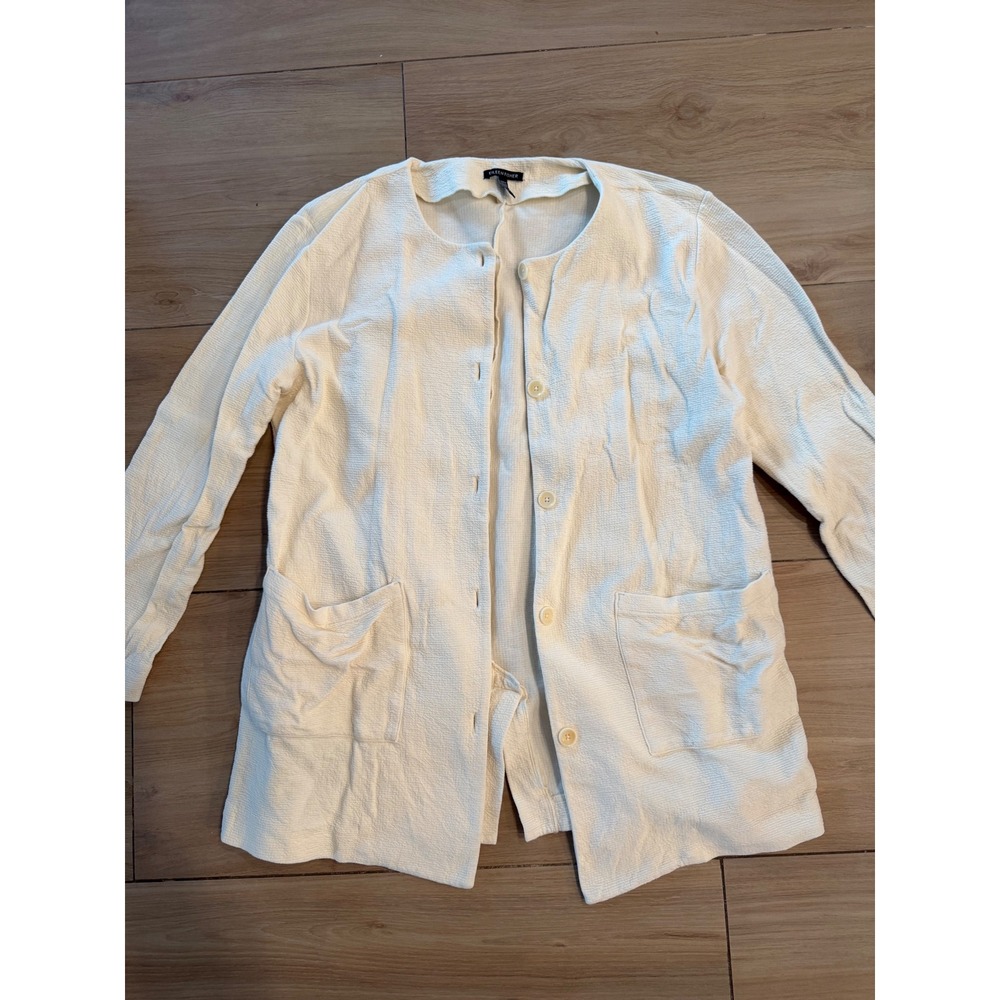 Eileen Fisher Cream Organic Cotton Textured Button Front Cardigan Jacket Medium